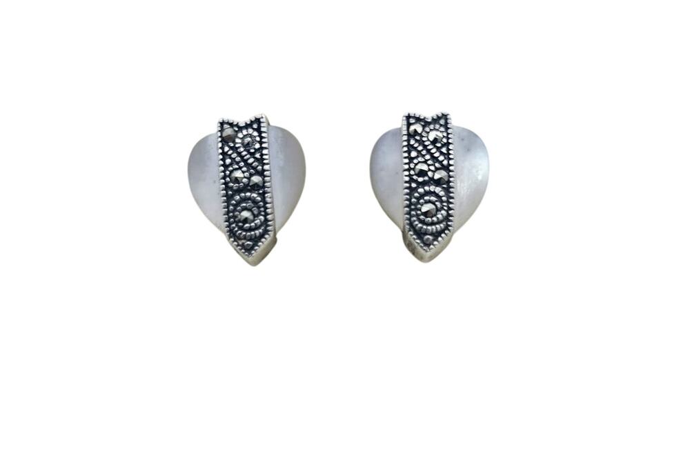 Vtg Sterling Silver Mother Of Pearl Marcacite Heart/teardrop Stud Earrings